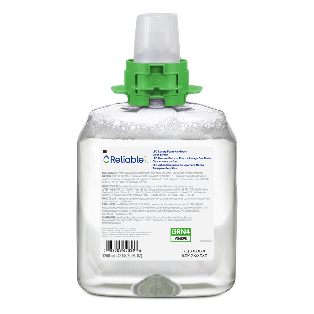 A clear liquid soap refill container with a green dispenser cap and product label on the front. Reliable Brand® Fragrance-Free LFC-12 Luxury Foam Hand Soap (1250 ml., 4 Bottles/Case)
